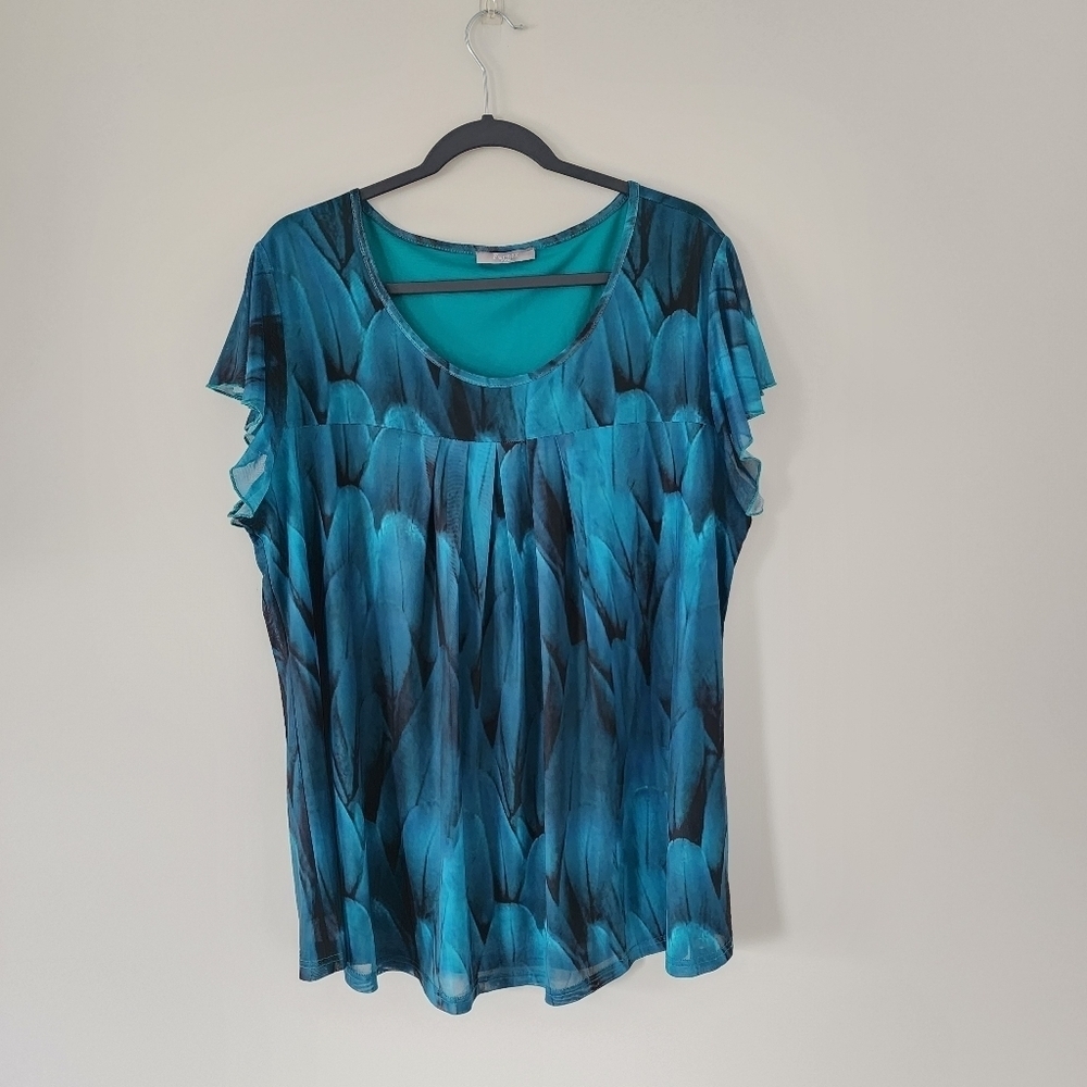 Furnex Tunic Womens 3XL Top Blue Feather Print XXXL